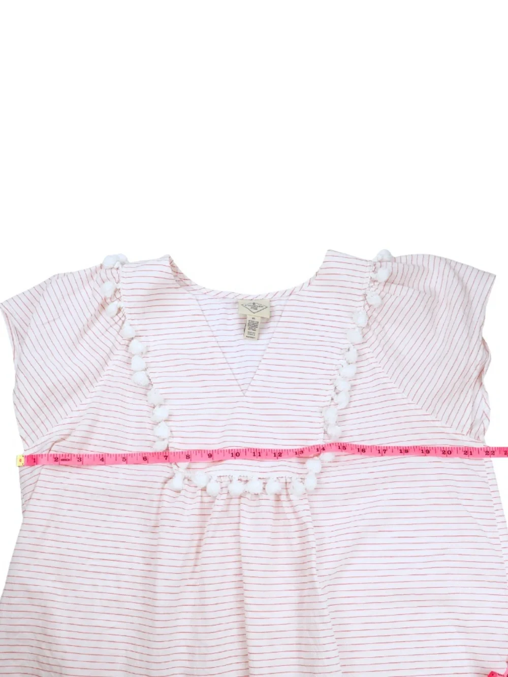 St John’s Bay White Red Stripe Pom Trim Blouse XL Coastal Boho - Picture 4 of 7
